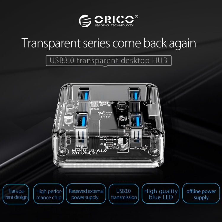 ORICO MH4U-100 HUB de escritorio transparente USB 3.0 con cable micro USB de 100 cm, MH4U-100