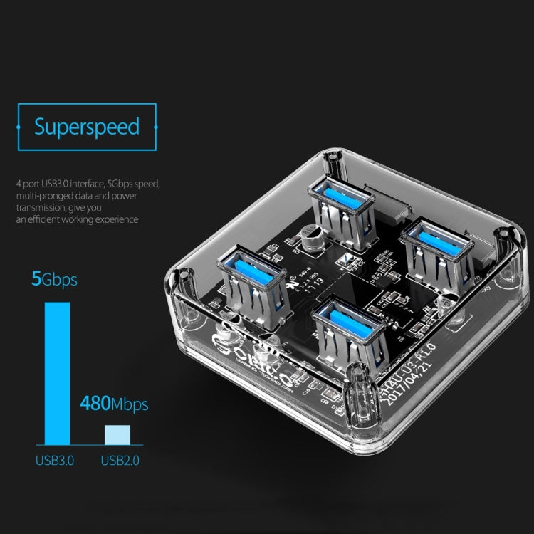 ORICO MH4U-100 HUB de escritorio transparente USB 3.0 con cable micro USB de 100 cm, MH4U-100