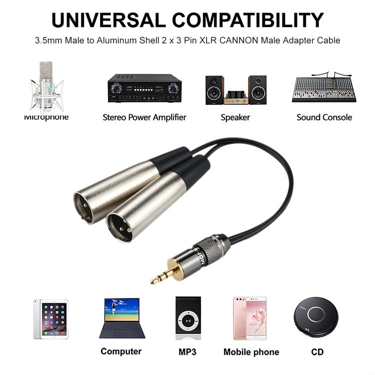 Cabeza de metal Macho de 3,5 mm a carcasa de aluminio Cable adaptador de conector de audio macho XLR CANNON de 2 x 3 pines, longitud total: aproximadamente 25 cm, 2 x 3 Pin Male