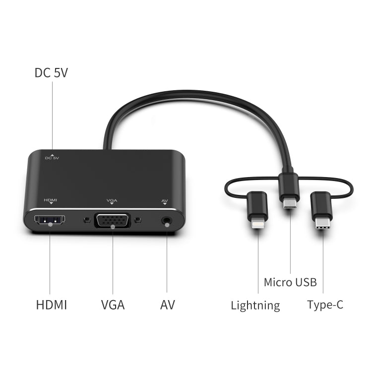 7585B 3 en 1 Micro USB / 8 pines / Tipo-C a VGA / HDTV / Adaptador AV Reproductor de pantalla HD móvil