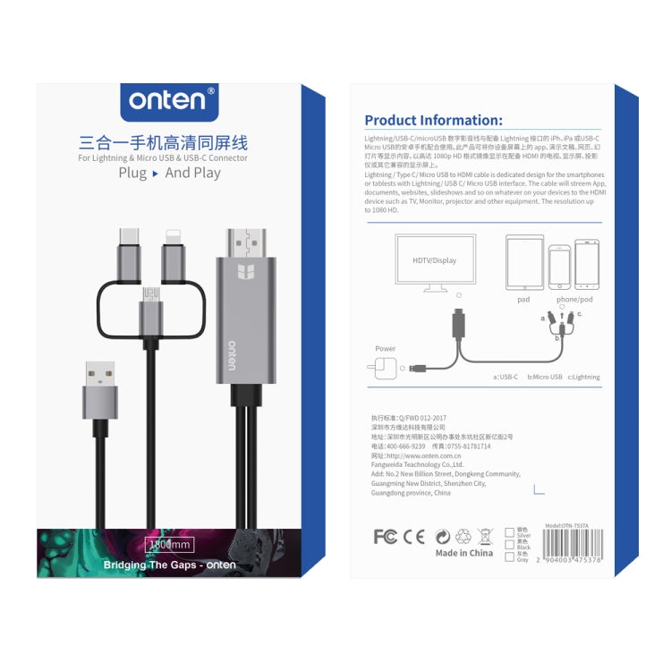 Onten OTN-7537A 3 en 1 1080P Cable adaptador de reproductor de pantalla HD móvil, OTN-7537A