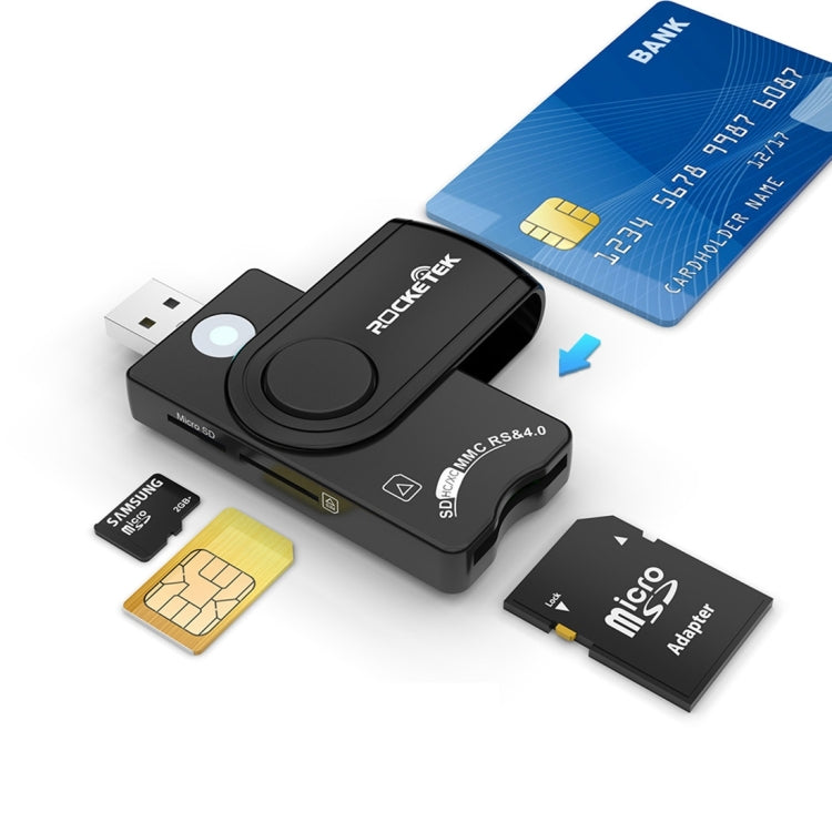 ROCKETEK CR310 USB 2.0 + Tarjeta TF + Tarjeta SD + Tarjeta SIM + Lector de tarjetas multifunción Smart Card, USB 2.0