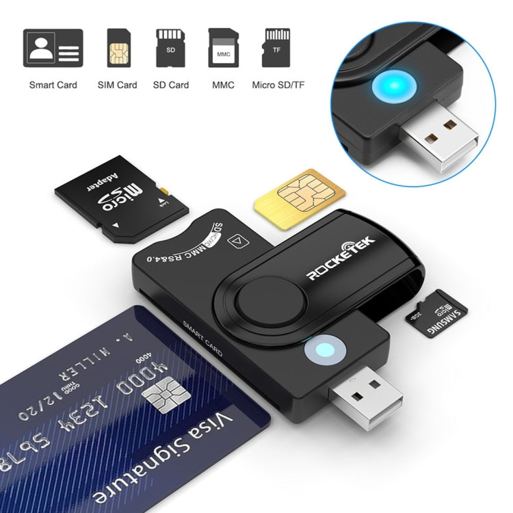 ROCKETEK CR310 USB 2.0 + Tarjeta TF + Tarjeta SD + Tarjeta SIM + Lector de tarjetas multifunción Smart Card, USB 2.0