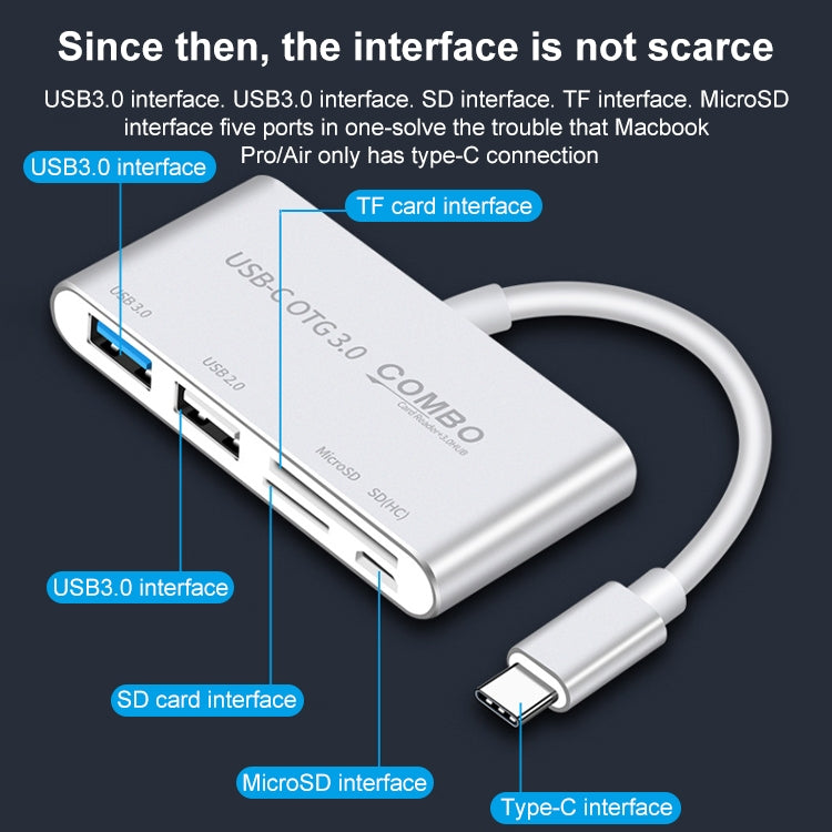 COMBO T-693 5 en 1 USB-C / Type-C a SD / TF / Ranura para tarjeta Micro SD + USB 3.0 + Puertos USB 2.0 Lector de tarjetas OTG HUB