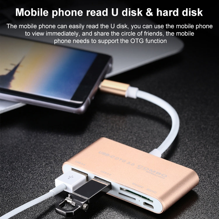 COMBO T-693 5 en 1 USB-C / Type-C a SD / TF / Ranura para tarjeta Micro SD + USB 3.0 + Puertos USB 2.0 Lector de tarjetas OTG HUB