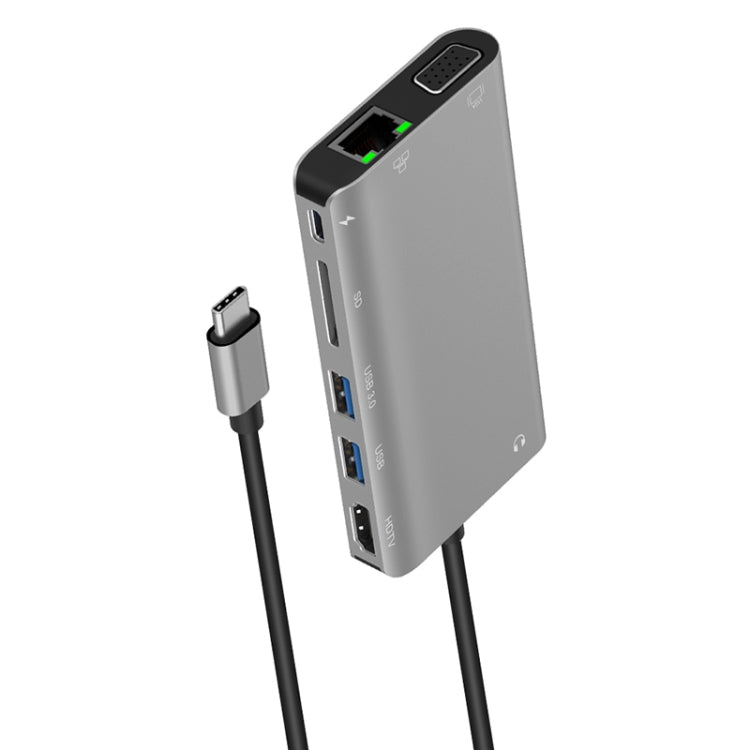 Onten 9591BD 8 en 1 USB-C / Type-C a PD USB-C / Type-C Carga + Gigabit Ethernet + Dual USB 3.0 + HDMI + VGA + Ranura para tarjeta SD + HUB AUX de 3,5 mm, 9591BD Black, 9591BD Grey, 9591BD Silver