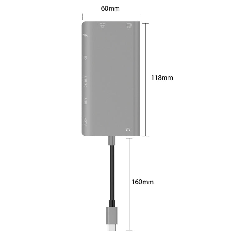 Onten 9591BD 8 en 1 USB-C / Type-C a PD USB-C / Type-C Carga + Gigabit Ethernet + Dual USB 3.0 + HDMI + VGA + Ranura para tarjeta SD + HUB AUX de 3,5 mm, 9591BD Black, 9591BD Grey, 9591BD Silver