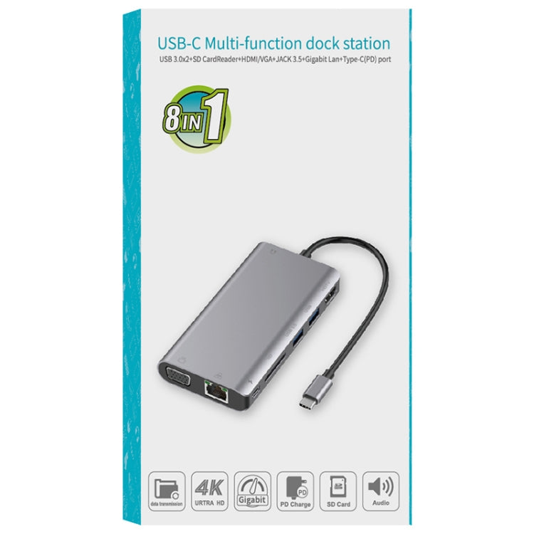 Onten 9591BD 8 en 1 USB-C / Type-C a PD USB-C / Type-C Carga + Gigabit Ethernet + Dual USB 3.0 + HDMI + VGA + Ranura para tarjeta SD + HUB AUX de 3,5 mm, 9591BD Black, 9591BD Grey, 9591BD Silver