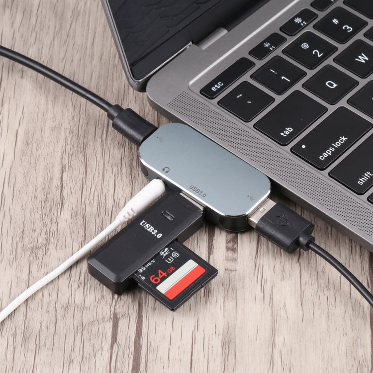 Adaptador 4 en 1 USB-C / Type-C Macho a USB-C / Type-C + 3.5mm AUX + USB 3.0 + USB Hembra, 3.5mm AUX + USB 3.0