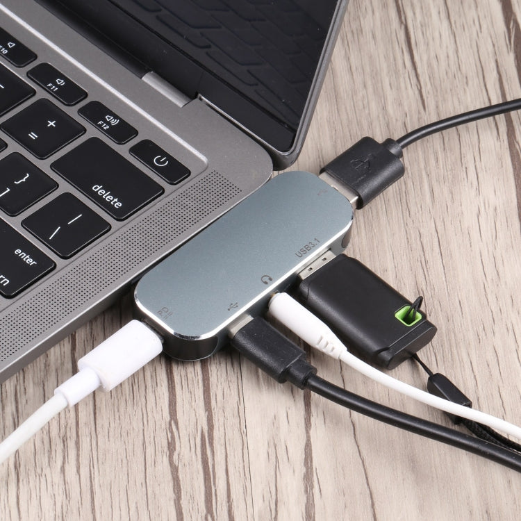 Adaptador 5 en 1 USB-C/Tipo-C macho a USB-C/Tipo-C dual + AUX de 3,5 mm + USB 3.1 + Adaptador USB hembra, Dual USB-C / Type-C + 3.5mm AUX