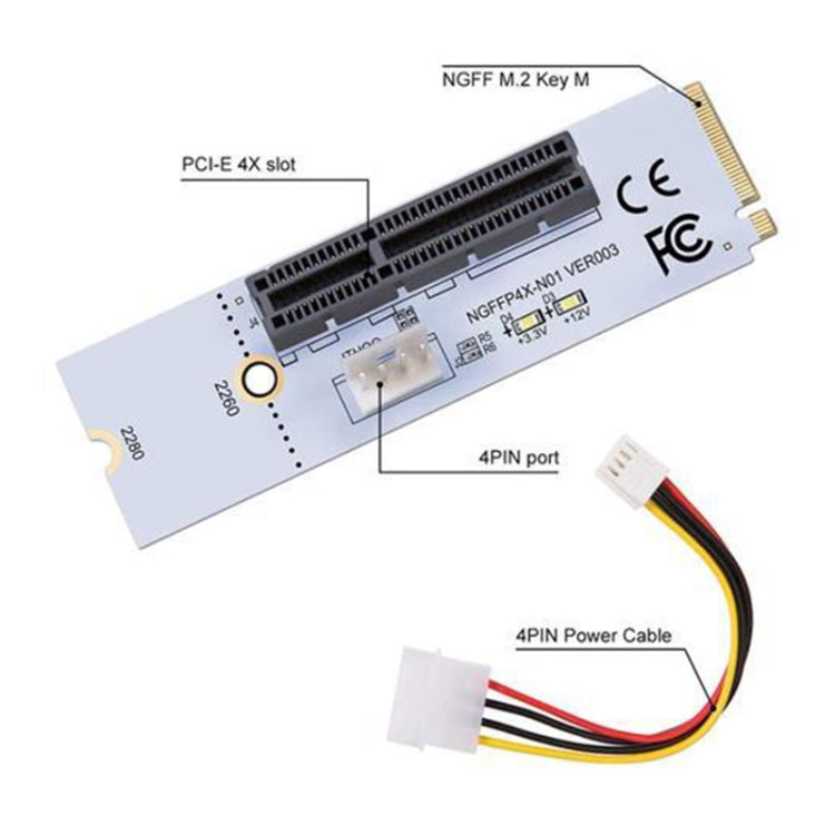 Tarjeta gráfica NGFF M.2 Key M a PCI-E 1X / 4X / 8X / 16X, adaptador de ranura para minería, tarjeta convertidora vertical con LED y Cable de alimentación de 4 pines, VER003 with 4 Pin Power Cable
