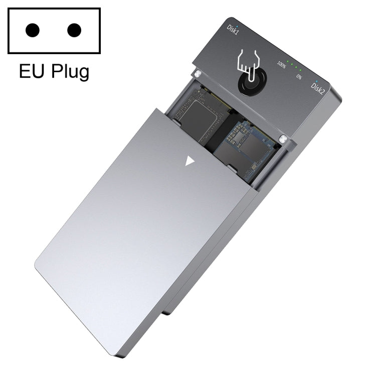 Rocketek ME921 USB3.1 Gen2 Caja de unidad de estado sólido dual M.2 Estación de acoplamiento NVMe, enchufe de la UE, EU Plug