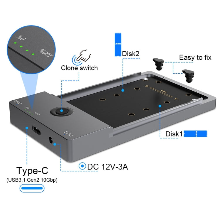 Rocketek ME921 USB3.1 Gen2 Caja de unidad de estado sólido dual M.2 Estación de acoplamiento NVMe, enchufe de la UE, EU Plug