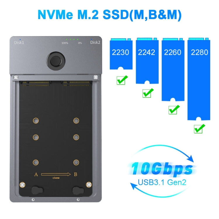 Rocketek ME921 USB3.1 Gen2 Caja de unidad de estado sólido dual M.2 Estación de acoplamiento NVMe, enchufe de la UE, EU Plug