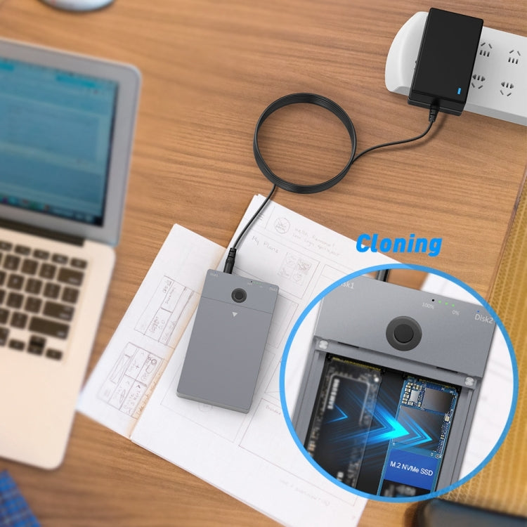 Rocketek ME921 USB3.1 Gen2 Caja de unidad de estado sólido dual M.2 Estación de acoplamiento NVMe, enchufe de la UE, EU Plug