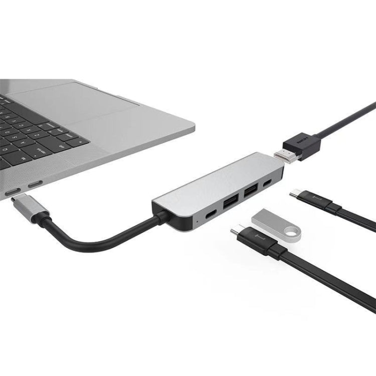 Adaptador HUB 5 en 1 HDMI + USB x 2 + PD x 2 a USB-C / Type-C, HDMI + USB x 2 + PD x 2