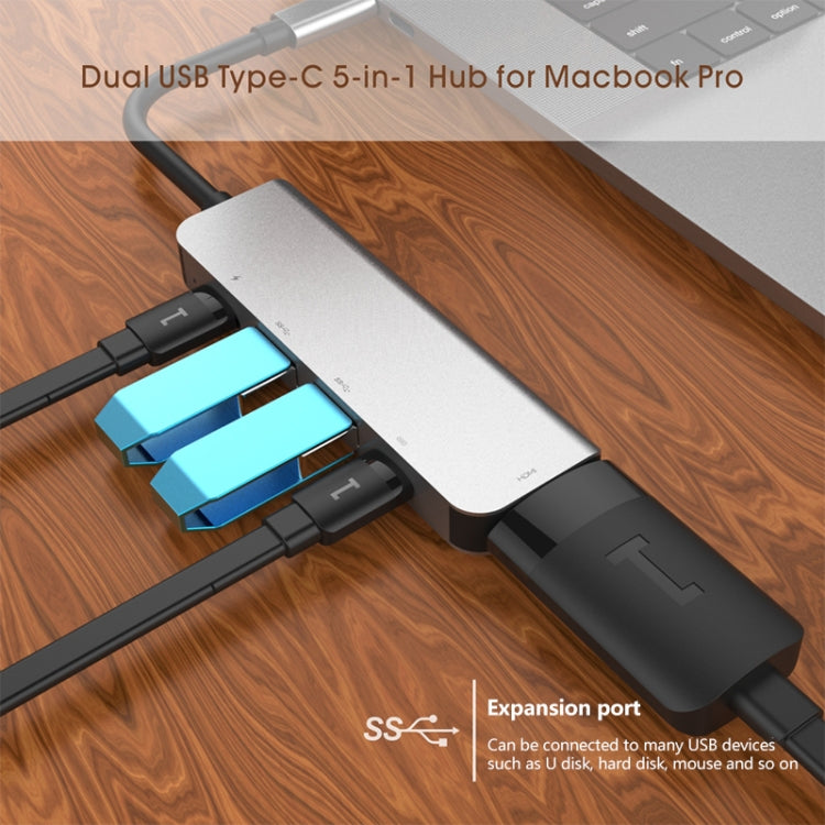 Adaptador HUB 5 en 1 HDMI + USB x 2 + PD x 2 a USB-C / Type-C, HDMI + USB x 2 + PD x 2