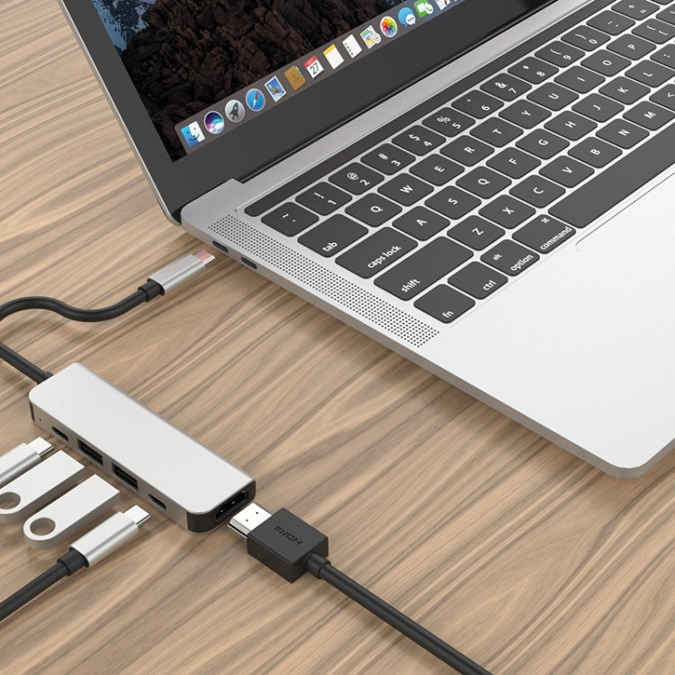 Adaptador HUB 5 en 1 HDMI + USB x 2 + PD x 2 a USB-C / Type-C, HDMI + USB x 2 + PD x 2