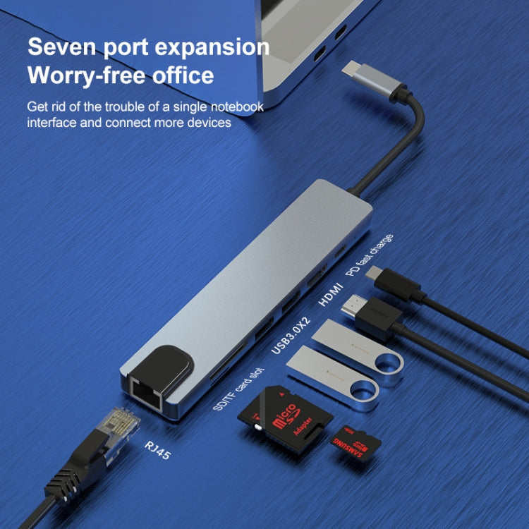 Adaptador HUB 7 en 1 RJ45 + SD/TF + USB 3.0 x 2 + HDMI + PD a USB-C / Type-C, RJ45+SD/TF+USB3.0x2+HDMI+PD