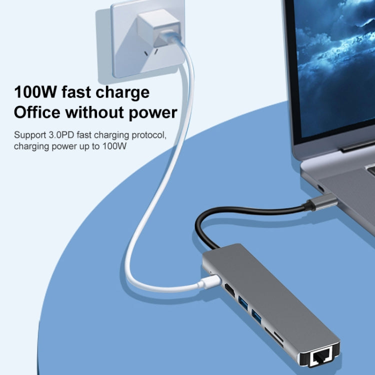 Adaptador HUB 7 en 1 RJ45 + SD/TF + USB 3.0 x 2 + HDMI + PD a USB-C / Type-C, RJ45+SD/TF+USB3.0x2+HDMI+PD