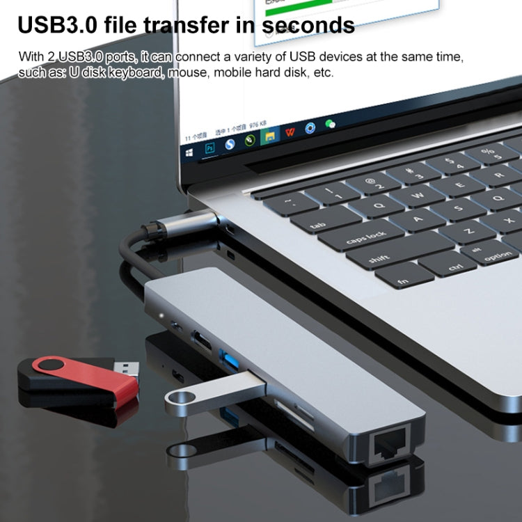 Adaptador HUB 7 en 1 RJ45 + SD/TF + USB 3.0 x 2 + HDMI + PD a USB-C / Type-C, RJ45+SD/TF+USB3.0x2+HDMI+PD
