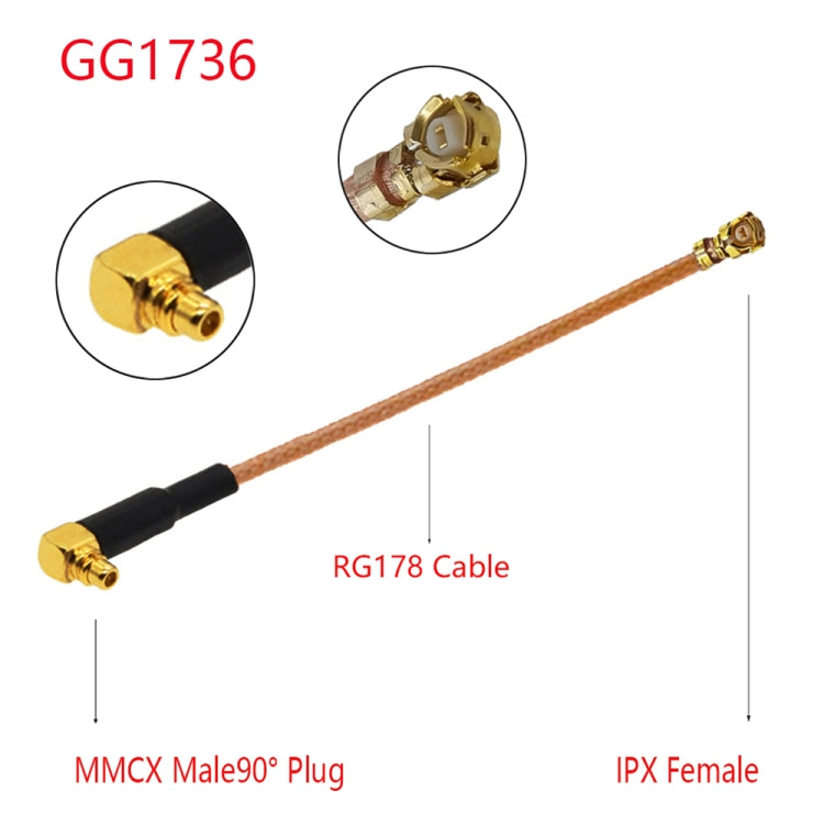 Cable adaptador IPX hembra a GG1736 MMCX hembra codo RG178, longitud: 15 cm, IPX to GG1736 MMCX Male