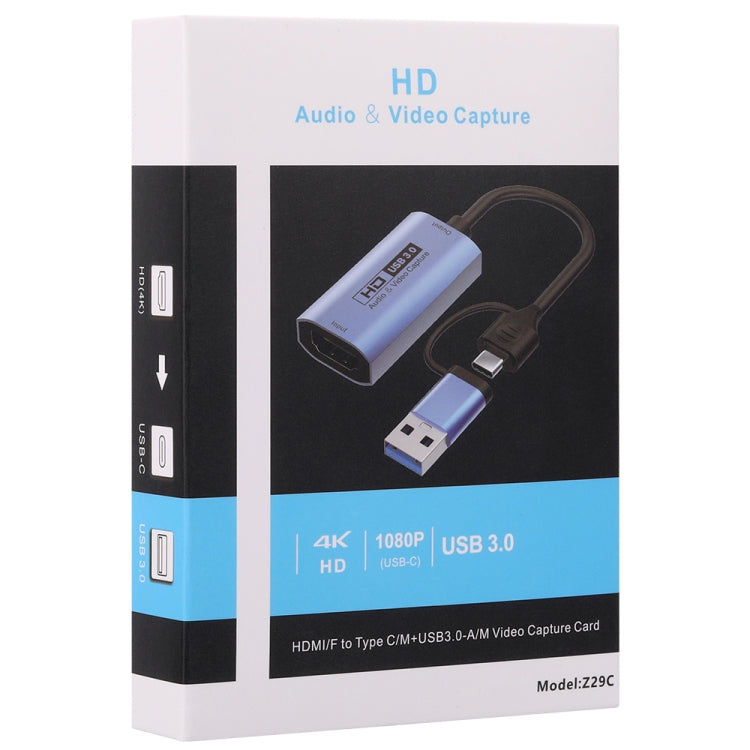 Tarjeta de captura de vídeo HD Z29C HDMI/F hembra a USB-C / Type-C+USB 3.0/M macho, Z29C