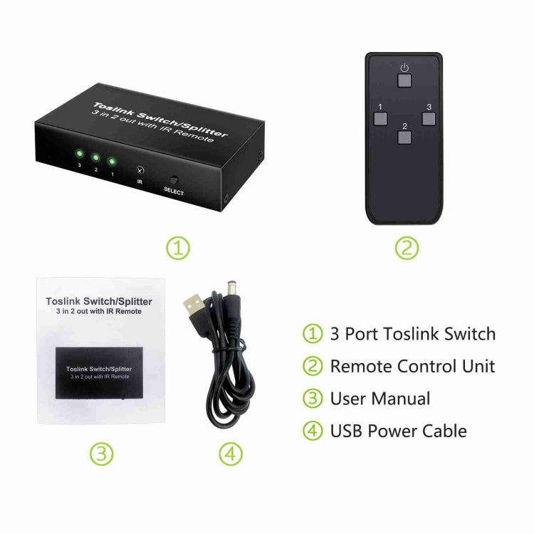 NK-T32 Toslink 3 en 2 interruptor/divisor de salida con control remoto IR