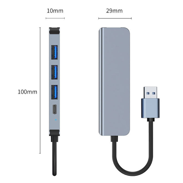 Adaptador HUB 5 en 1 USB a USB3.0+USB2.0x3+USB-C / Type-C, Longitud del cable: 10 cm, BYL-2301U