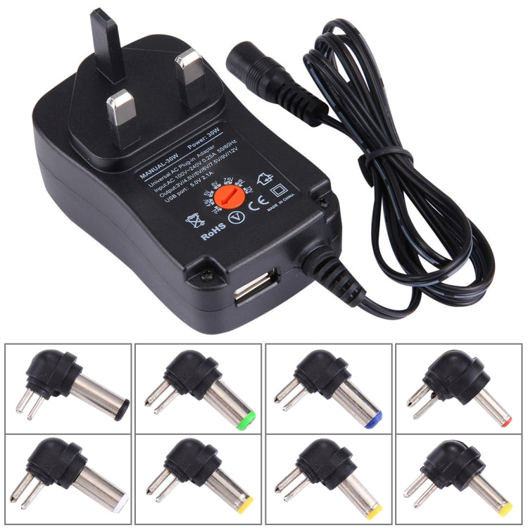 Adaptador de enchufe de pared de alimentación universal de 30 W con enchufe británico con puerto USB de 5 V 2,1 A, puntas: 8 piezas, longitud del cable: aproximadamente 1,2 m, UK Plug