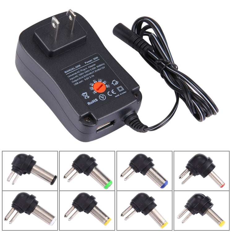 Adaptador de enchufe de pared de alimentación universal de 30 W con enchufe estadounidense con puerto USB de 5 V 2,1 A, puntas: 6 piezas, longitud del cable: aproximadamente 1,2 m, US Plug