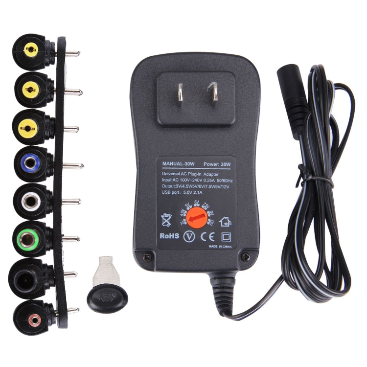 Adaptador de enchufe de pared de alimentación universal de 30 W con enchufe estadounidense con puerto USB de 5 V 2,1 A, puntas: 6 piezas, longitud del cable: aproximadamente 1,2 m, US Plug