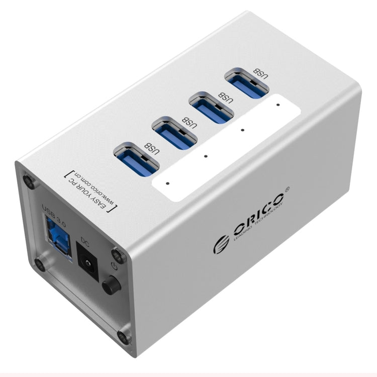 ORICO A3H4 HUB USB 3.0 de 4 puertos de aluminio de alta velocidad con fuente de alimentación de 12 V/2,5 A para portátiles, 4 Ports (Silver)