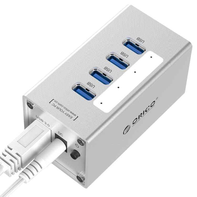 ORICO A3H4 HUB USB 3.0 de 4 puertos de aluminio de alta velocidad con fuente de alimentación de 12 V/2,5 A para portátiles, 4 Ports (Silver)