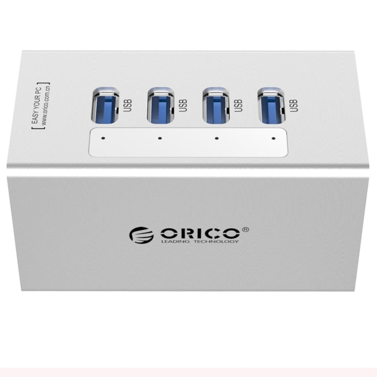 ORICO A3H4 HUB USB 3.0 de 4 puertos de aluminio de alta velocidad con fuente de alimentación de 12 V/2,5 A para portátiles, 4 Ports (Silver)