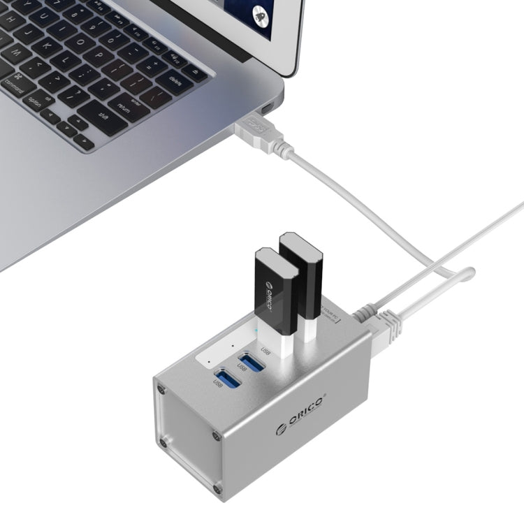 ORICO A3H4 HUB USB 3.0 de 4 puertos de aluminio de alta velocidad con fuente de alimentación de 12 V/2,5 A para portátiles, 4 Ports (Silver)