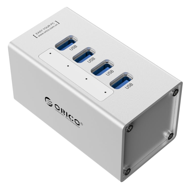 ORICO A3H4 HUB USB 3.0 de 4 puertos de aluminio de alta velocidad con fuente de alimentación de 12 V/2,5 A para portátiles, 4 Ports (Silver)