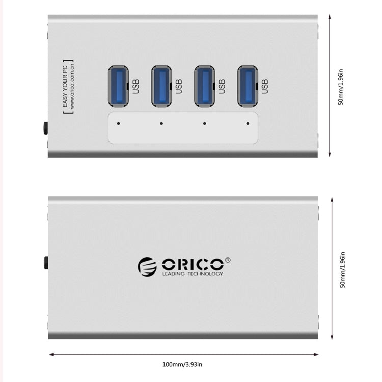 ORICO A3H4 HUB USB 3.0 de 4 puertos de aluminio de alta velocidad con fuente de alimentación de 12 V/2,5 A para portátiles, 4 Ports (Silver)