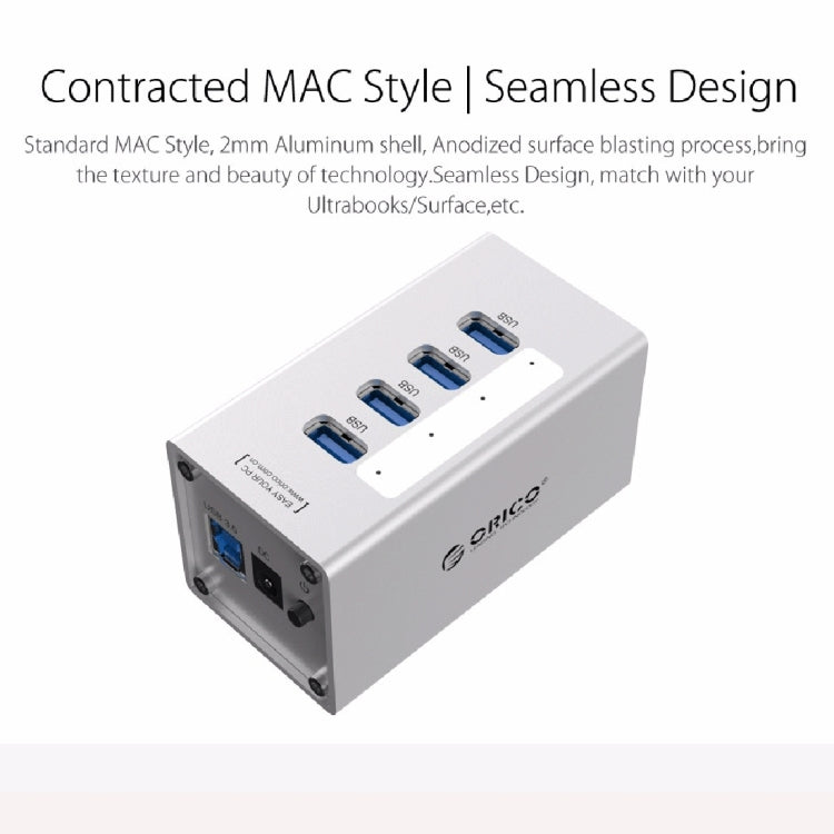 ORICO A3H4 HUB USB 3.0 de 4 puertos de aluminio de alta velocidad con fuente de alimentación de 12 V/2,5 A para portátiles, 4 Ports (Silver)