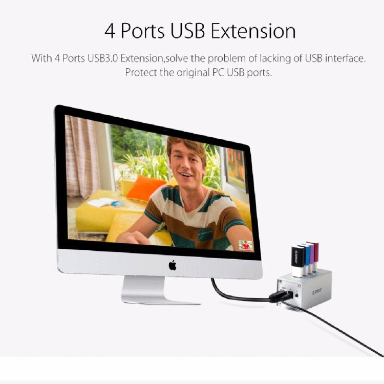 ORICO A3H4 HUB USB 3.0 de 4 puertos de aluminio de alta velocidad con fuente de alimentación de 12 V/2,5 A para portátiles, 4 Ports (Silver)