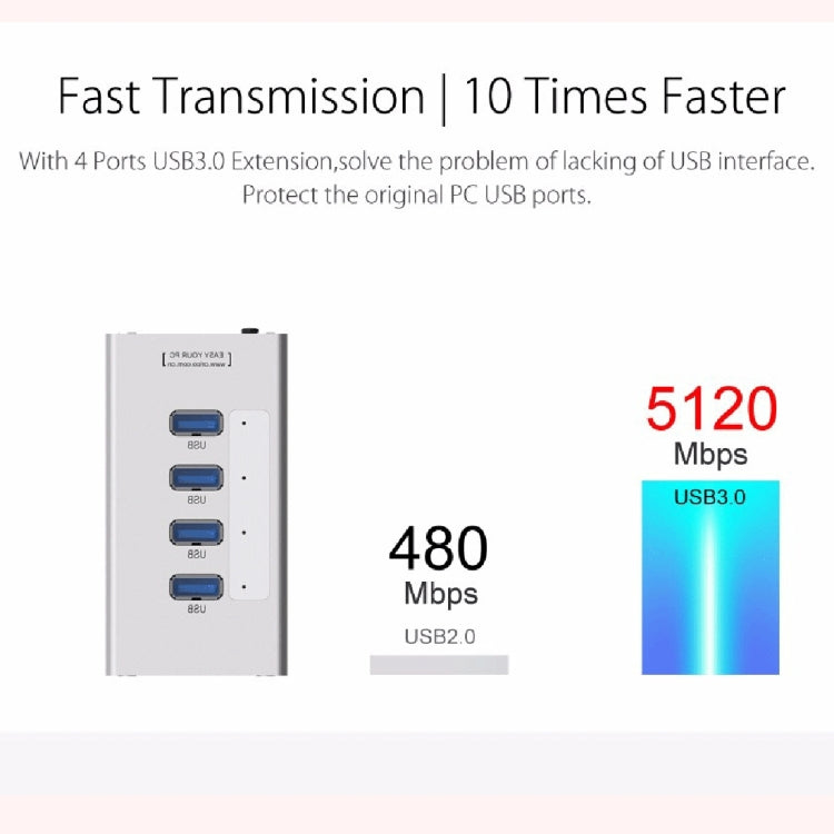 ORICO A3H4 HUB USB 3.0 de 4 puertos de aluminio de alta velocidad con fuente de alimentación de 12 V/2,5 A para portátiles, 4 Ports (Silver)