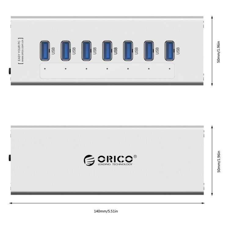 ORICO A3H7 HUB USB 3.0 de 7 puertos de aluminio de alta velocidad con fuente de alimentación de 12 V/2,5 A para portátiles, 7 Ports (Silver), 7 Ports (Black)