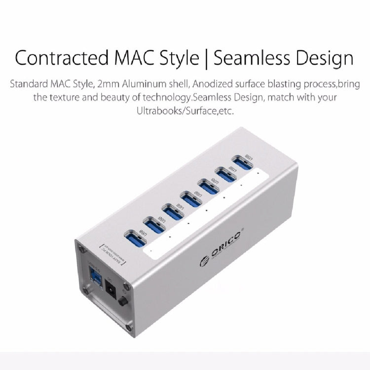 ORICO A3H7 HUB USB 3.0 de 7 puertos de aluminio de alta velocidad con fuente de alimentación de 12 V/2,5 A para portátiles, 7 Ports (Silver), 7 Ports (Black)