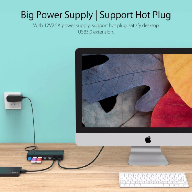 ORICO H727RK-U3 HUB USB 3.0 de 7 puertos ABS de alta velocidad con adaptador de corriente de 12 V para computadoras portátiles / teléfonos inteligentes, H727RK-U3