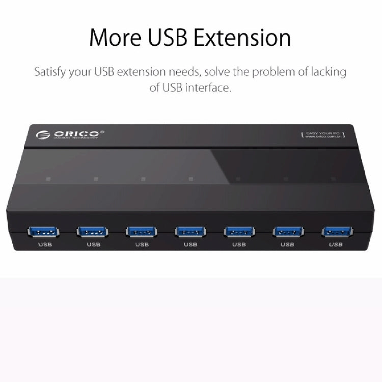 ORICO H727RK-U3 HUB USB 3.0 de 7 puertos ABS de alta velocidad con adaptador de corriente de 12 V para computadoras portátiles / teléfonos inteligentes, H727RK-U3
