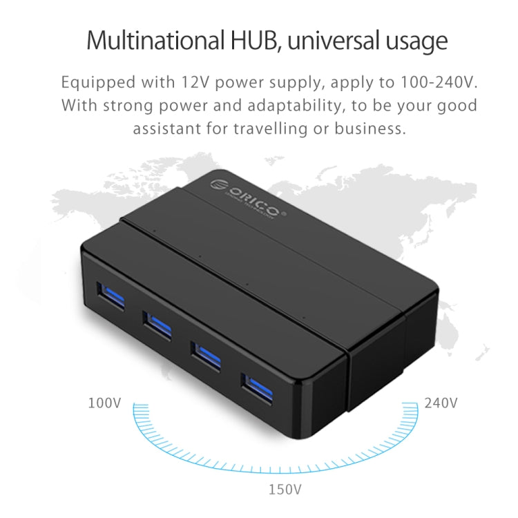 ORICO H4928-U3 HUB USB 3.0 de 4 puertos ABS de alta velocidad con adaptador de corriente de 12 V para teléfonos inteligentes / tabletas