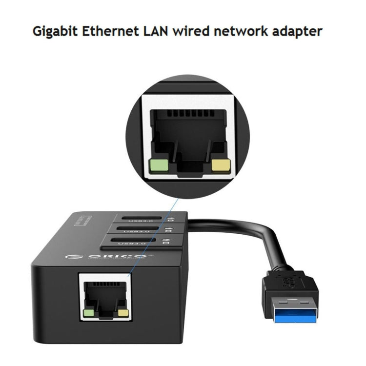 ORICO HR01-U3 ABS 3 puertos USB3.0 HUB Splitter con tarjeta de red externa RJ45 Gigabit Ethernet 5 Gbps para portátiles/escritorio/Ultrabook, etc.