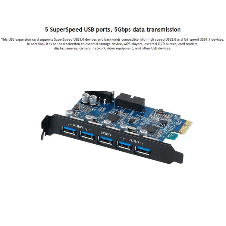 ORICO PVU3-5O2I USB3.0 * 5 + ranura de 20 pines * 1 tarjeta PCI Express para escritorio, transmisión de datos supervelocidad de 5 Gbps, 5 Ports USB3.0