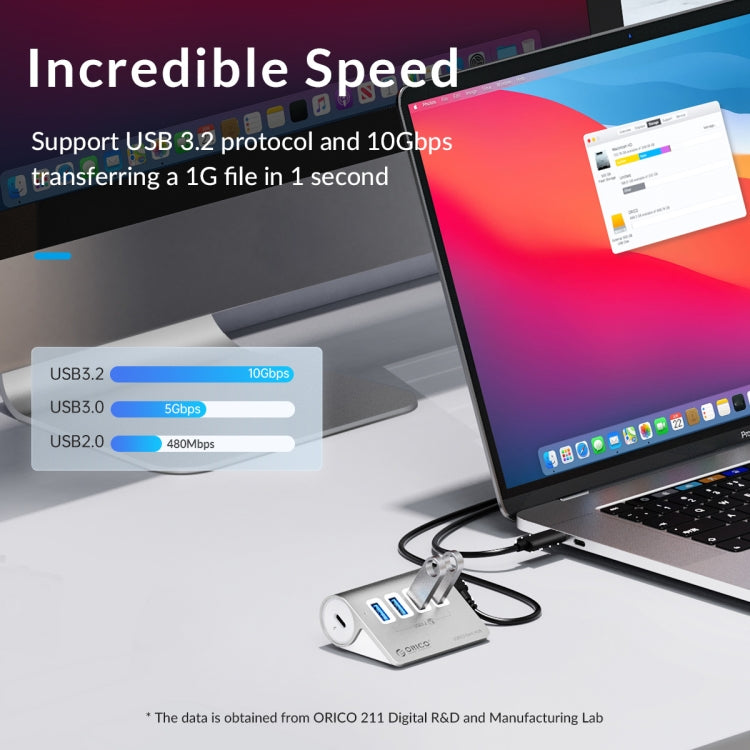 ORICO M3CU2 HUB de aleación de aluminio de 4 puertos tipo C y USB 3.2 Gen2 de 10 Gbps, M3CU2