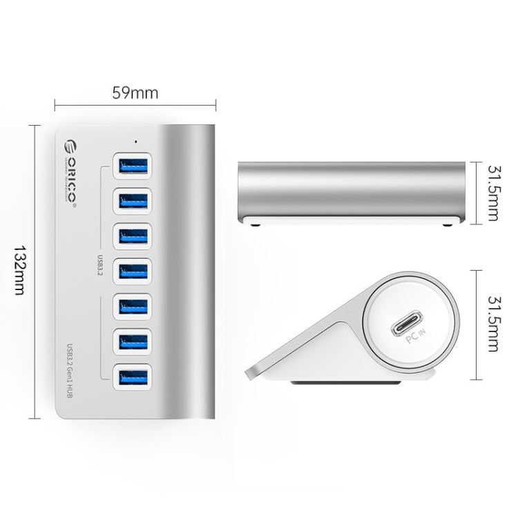 ORICO M3U7-G2 HUB de aleación de aluminio de 7 puertos USB 3.2 Gen2 de 10 Gbps con cable de 0,5 m, M3U7-G2 0.5m